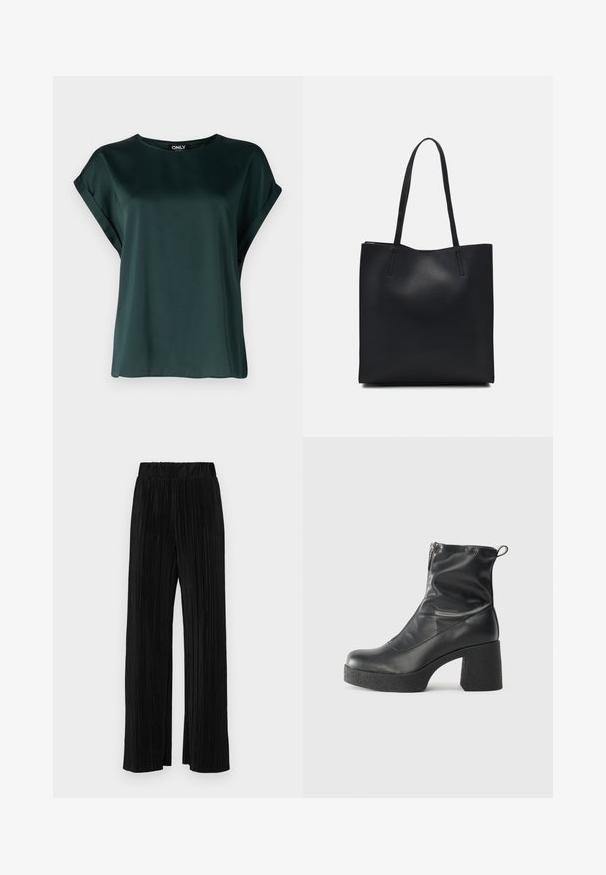 Mørkegrøn bluse med et simpelt design, lavet af glat stof. Har korte, rullede ærmer og en rund halsudskæring.; Sorte plisserede bukser med elastisk talje. Har brede ben og et glat, tekstureret stof med lodrette striber.; Sorte ankelstøvler lavet af glat læder, med en sidelukning, kraftig struktureret hæl og rundt tådesign.; Sort læder tote taske med glat tekstur, rektangulær form og to lange hanke. Ingen synlig hardware eller udsmykninger.