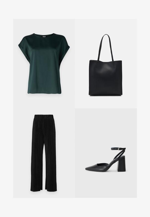 Tumedate roheline blouse lihtsa disainiga, valmistatud siledast kangast. Omab lühikesi, rullitud varukaid ja ümmargust kaelust.; Mustad pleekitud püksid elastse vöökohtaga. Omavad laiad jalad ja sujuvat, tekstureeritud kangast vertikaalsete triipudega.; Mustmustest must-käigukingad, millel on konksuga nöör ja paks konts. Ühtlane tekstuur, stiilne disain ja minimalistlik esteetika.; Mustast nahast kott sujuva tekstuuriga, ristkülikukujuline ja kahe pika sangaga. Pole nähtavat riistvara ega kaunistusi.