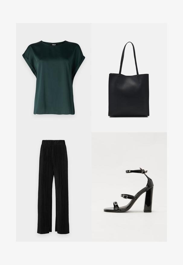 Mørkegrøn bluse med et simpelt design, lavet af glat stof. Har korte, rullede ærmer og en rund halsudskæring.; Sorte plisserede bukser med elastisk talje. Har brede ben og et glat, tekstureret stof med lodrette striber.; Sorte patenterede hælsandaler med firkantet tå, ankelremme og sølvspænder. Har en chunky blokHæl for stabilitet.; Sort læder tote taske med glat tekstur, rektangulær form og to lange hanke. Ingen synlig hardware eller udsmykninger.