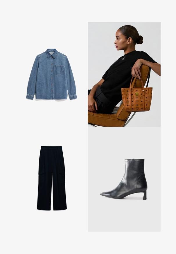Lichtblauwe denim overhemd met een puntkraag, volledige knoopsluiting aan de voorkant met bruine knopen, borstzak aan de linkerkant en lange mouwen.; Wijdbenige, hoog-gelede broeken van donker marineblauw stof. Bevat plooien en twee zij cargozakken. Glad textuur met een strakke uitstraling.; Zwarte leren enkellaars met een spitse neus en een slank ontwerp. Heeft een lage hak en een ritssluiting aan de achterkant. Gladde textuur.; Vrouw met een knot zit zijwaarts op een tan lederen stoel, met een tan-beschreven tote bag in haar handen met zwarte logo's en een gouden embleem.