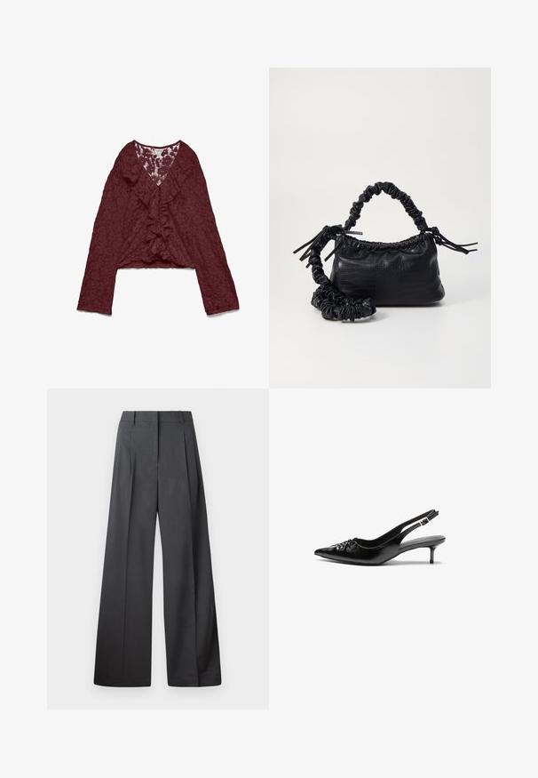 Burgundijas mežģīņu blūze ar garām piedurknēm un drapētu V-veida kakla izgriezumu, ar teksturētu ziedu ornamentu un nedaudz īsu garumu.; Platās kājas bikses tumši pelēkā audumā, ar augstu jostasvietu, ar vienu uzpūstu vīli un gludu tekstūru ar tīru apdari ap malām.; Melni ādas sandales ar norādītu pirkstu, mazu kaķa papēdi un dekoratīvu mezglu detaļu priekšā. Gluda tekstūra visā virsmā.; Melnā mākslīgās ādas rokassoma ar krokodila rakstu, savilkta augšdaļa un saburzīta siksna. Izskatās mīksta un kompakta pēc dizaina.