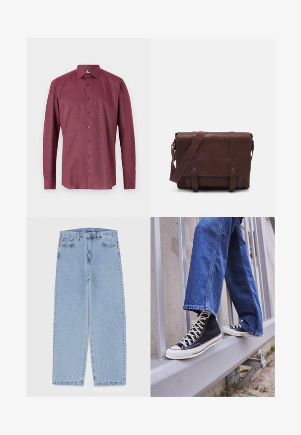 Bordo garās piedurknes krekls ar smalku rūtiņu rakstu, ar pogām aizdare un pogātām malām. Izgatavots no gludas, vieglas auduma.; Gai zila džinsu bikses ar taisnu kāju dizainu, kas piedāvā vidēju vidukļa augstumu, piecas kabatas un pogas un rāvējslēdzēja aizdari.; Melnas augstas kedas ar baltu zoli un auklām, apvienotas ar brīvām zilām džinsām, atpūšoties uz pelēka margotā balsta.; Brūns ādas sūtījumu soma ar plakanu priekšējo atloku, divām siksnām, zelta metāla detaļām un regulējamu plecu siksnu.; Sudraba nerūsējošā tērauda pulkstenis ar apaļu zaļu ciparnīcu, sudraba stundu rādītājiem, datuma displeju un metāla saiti. Ūdensizturīgs līdz 50 metriem.