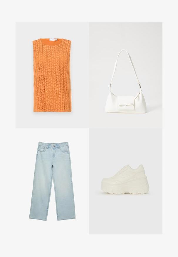 Hihaton oranssi paita, jossa on teksturoitu, avoin neulekuvio ja pyöreä kaula-aukko. Materiaali vaikuttaa kevyeltä ja hengittävältä.; Vaaleansiniset leveälahkeiset farkut, joissa on korkea vyötärö, viisi taskua ja hienovarainen haalistus. Suora leikkaus ja huolitellut reunat.; Valkoiset tasapohjakengät, joissa on sileä nahkamainen päällinen, pyöristetty muoto, pehmustettu nilkkaosa ja texturoitu kumipohja, jossa on hyvin määritellyt urat.; Valkoinen synteettinen käsilaukku, jossa on kolmikulmainen muoto, tasainen etu läppä ja nauhadetail, säädettävä olkahihna, sileä rakenne ja minimalinen muotoilu.