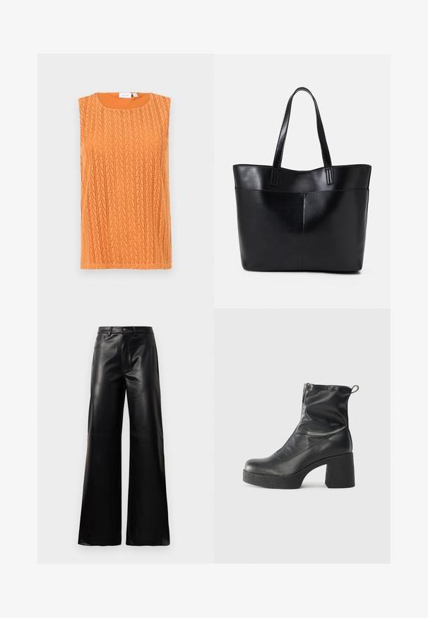 Sleeveless orange top with a textured, open knit pattern and a round neckline. Material appears lightweight and breathable.; Black high-waist wide-leg faux leather pants with front button, zip closure, belt loops, and side pockets on white background.; Black ankle boots made of smooth leather, featuring a side zipper, chunky textured heel, and rounded toe design.; Black leather tote bag with two long handles, a smooth texture, and a structured shape. Features a front pocket for additional storage.