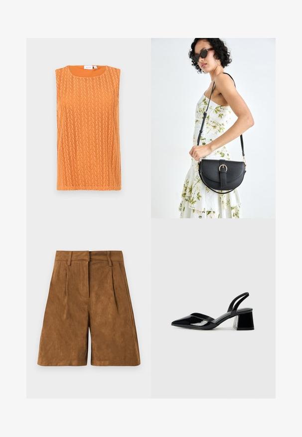 Bežė rankovių oranžinė palaidinė su tekstūruotu, atviru mezgimo raštu ir apvaliu kaklu. Medžiaga atrodo lengva ir pralaidi oro.; Rudi zomšos šortai su lygiu paviršiumi, su priekiniais raukiniais, lygia juosta ir tiesia kirpimo forma.; Juodos lakuotos odinės šlepetės su smailiu pirštu ir geometriniu bloko kulnu. Turi elegantišką, minimalistinį dizainą ir lygų paviršių.; Juodas odinis krepšys su išlenkta forma, nuimamu dirželiu ir auksiniais detalėmis. Krepšys turi kilpą su sagtimi.