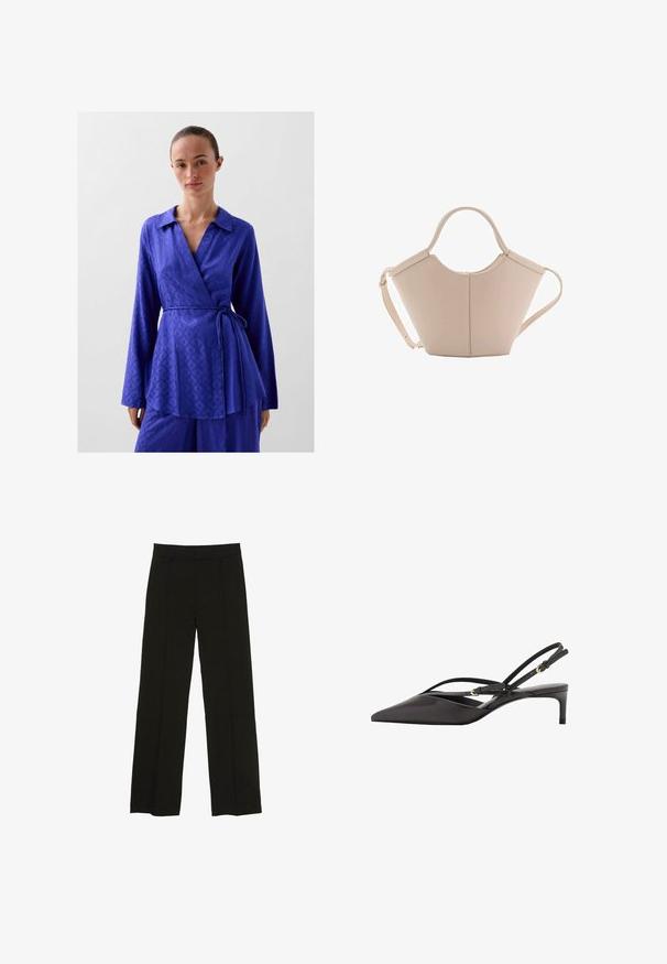 Top avvolgente in un vibrante blu reale, con colletto, maniche lunghe e una cintura regolabile in vita; realizzato in un tessuto liscio e strutturato.; Pantaloni neri a gamba larga realizzati in un tessuto morbido, con una vita aderente e sottili pieghe frontali per un tocco di consistenza.; Pump slingback nera in pelle con punta affusolata, sottili cinturini alla caviglia e tacco a stiletto basso. Texture liscia con design minimalista.; Borsa in pelle beige con una forma unica, caratterizzata da due manici corti e una lunga tracolla regolabile. Texture liscia con hardware minimale.