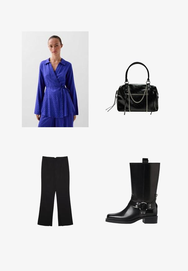 Haut en bleu royal vibrant, doté d'un col, de manches longues et d'un lien ajustable à la taille ; fabriqué dans un tissu lisse et texturé.; Pantalon noir avec une coupe droite, doté de poches avant et d'éclairs sur l'ourlet. Fabriqué en tissu doux et lisse. Convient à diverses occasions.; Botte noire en cuir, montante jusqu'au genou, avec un bout pointu, des accents en boucle en argent et un talon épais. Présente une languette pour un enfilage facile.; Bershka WITH CHAIN - Sac à main - black