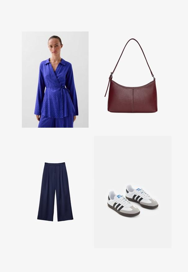 Yllä oleva vaate on kirkkaan kuninkaallisen sininen, jossa on kaulus, pitkät hihat ja säädettävä nauha vyötäröllä; valmistettu sileästä, teksturoidusta kankaasta.; Tumma sininen leveälahkeinen housu, jossa on pleateja, napillinen vyötärö ja vyölenkit, esiteltynä litteänä valkoista taustaa vasten.; Urheilukengät, joissa on valkoinen nahkainen päällinen, harmaa mokkanokka ja kolme mustaa raitaa. Ominaisuuksina sininen logo kielekkeessä ja kuvioitu kumipohja.; Maroon-värinen nahkalaukku, jossa on kaareva muoto, yksi olkahihna ja keskellä ommeltu yksityiskohta. Sileä pinta, minimaalinen varustelu.