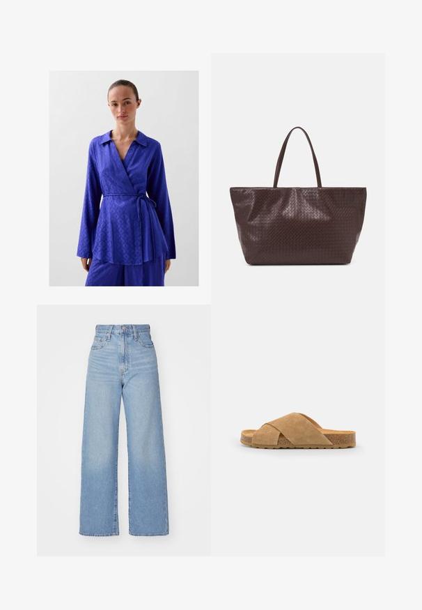 Toppet er i en levende kongelig blå farve, med krave, lange ærmer og et justerbart bånd i taljen; lavet af et glat, struktureret materiale.; Lyseblå højtaljede bukser med bred benåbning, med frontknap og lynlås, samt for- og baglommer, på en hvid baggrund.; Suedesandal med tværrem i lys brun med en korkindpakket sål og struktureret gummibund, der har et fladt design og bred pasform.; Brun vævet læder tote bag med to håndtag, en struktureret form og en tekstureret overflade, der har et diamantmønster i hele designet.