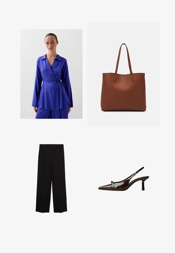 Top in levendig koninklijk blauw, met een kraag, lange mouwen en een verstelbare strik in de taille; gemaakt van een gladde, gestructureerde stof.; Zwarte wijde broek van een gladde stof, met plooien aan de voorkant en zijzakken, ontworpen met een rechte, relaxte snit.; Bruine gepatineerde leren slingback schoen met een spitse neus, lage hak en een decoratieve strikaccent aan de voorkant. Glad, glanzend oppervlak.; Bruine leren tote bag met een gladde textuur, een ontwerp met een open bovenkant en twee schouderbanden. Kenmerkt zich door minimale stiksels en geen zichtbare hardware.