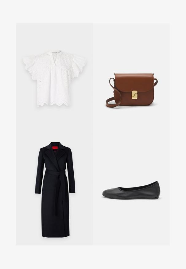 Blusa bianca con scollo rotondo, maniche a sbuffo, dettagli in pizzo ricamato e orlo scalloppato. Realizzata in tessuto leggero.; Cappotto nero a trench con maniche lunghe, design avvolgente e cintura coordinata. Realizzato in tessuto morbido, presenta un colletto a punte e tasche laterali.; Pantofole da balletto nere in pelle con punta arrotondata, texture liscia, dettagli di cucitura minimi e design con suola flessibile.; Borsa a tracolla in pelle marrone con chiusura a pattina, hardware color oro, tracolla e una finitura liscia. Forma rettangolare compatta.
