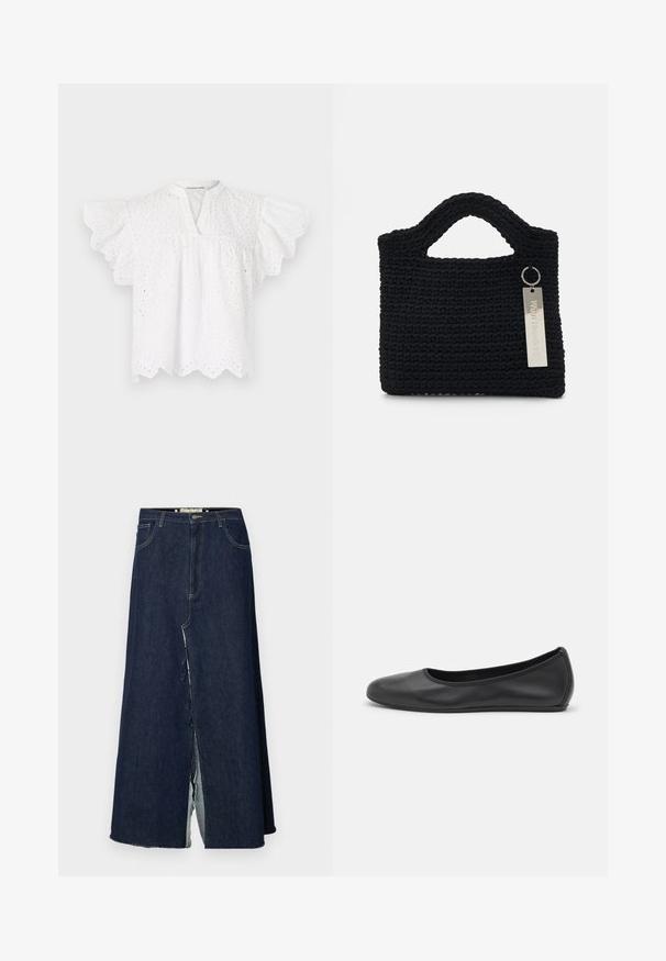 Bela bluzica z okroglim izrezom, letečimi rokavi, vezenimi detajli iz očesa in valovitim robom. Narejena iz lahkotnega materiala.; Temno modra daljša krila iz denima z razporkom spredaj. Ima tradicionalen dizajn s petimi žepi in vidne šive. Rob je razprt.; Črne usnjene balerinke z zaobljenim nosom, gladko teksturo, minimalnimi šivi in fleksibilno zasnovo podplata.; Won Hundred MARSIELLE COMPUTER BAG UNISEX - Torba za prenosnik - black