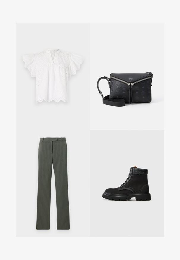 Blusa blanca con escote redondo, mangas de batwing, detalles de ojales bordados y dobladillo con forma de concha. Hecha de tejido ligero.; Pantalones ajustados de rayas grises oscuros con presillas para cinturón y un corte recto, colocados planos sobre un fondo blanco.; Botas de tobillo negras con un empeine de cuero texturizado, diseño de cordones, costuras en contraste y una suela de goma resistente. Acento de logo en la lengüeta.; Bolso de cuero negro tipo bandolera con cremallera en forma de V plateada, patrón de logo grabado y correa ajustable sobre fondo blanco.
