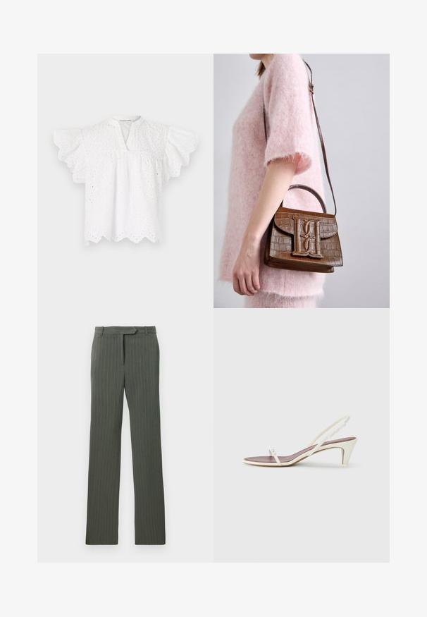 Weiße Bluse mit runder Halslinie, schwingenden Ärmeln, gestickten Spitzen-Details und einem gewellten Saum. Hergestellt aus leichtem Stoff.; Dunkelgraue, taillierte Hose mit Nadelstreifen, Gürtelschlaufen und geradem Bein, flach auf einem weißen Hintergrund ausgelegt.; Weiße Slingback-Sandalen mit einem leichten Absatz, dünnen Riemen und einer glatten Ledertextur; verfügen über eine kleine dekorative Schnalle.; Braune Handtasche aus Krokodilleder-Prägung mit einem oberen Griff und einem Schulterriemen. Besitzt ein auffälliges Logo auf der Frontklappe. Weiche Textur.