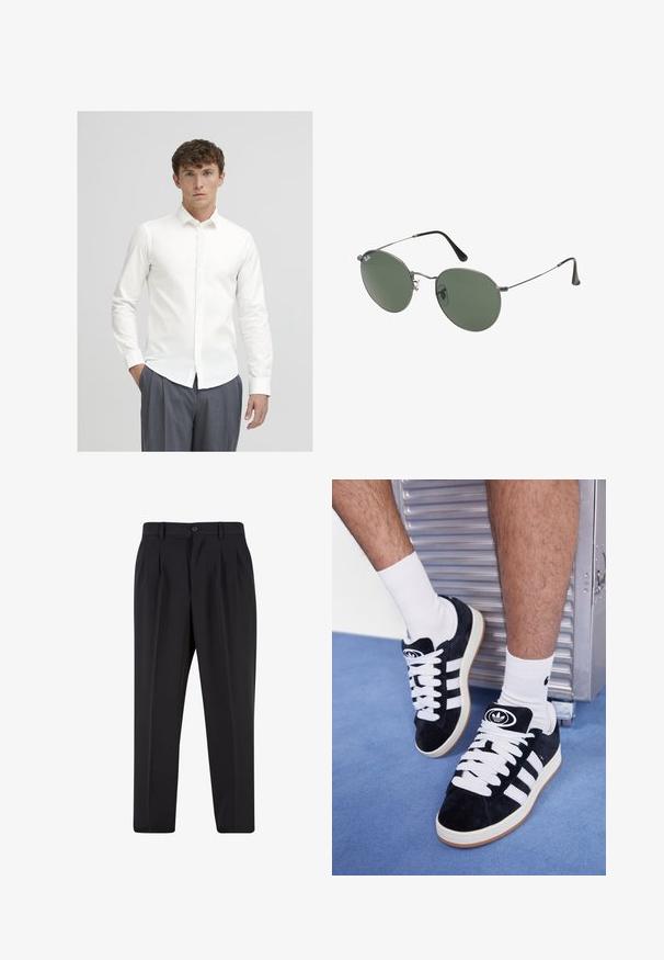 Fehér, hosszú ujjú, gombos ing, sima anyagból készült. Klasszikus gallérral és karcsú szabással rendelkezik, szürke csíkos nadrággal párosítva.; Fekete nadrág, pliszézett elejű dizájnnal, sima anyagból készült. Gombos záródás és övhurkok jellemzik; egyenes szabású.; Fekete velúr sportcipők fehér fűzőkkel és három fehér csíkkal. A nyelvén egy kör alakú fekete logó található, valamint egy gumis talp.; Fémkeretes napszemüveg ovális zöld lencsékkel. Vékony ezüst színű fémkeret és fekete fülrész. Minimalista dizájn, látható logók nélkül.