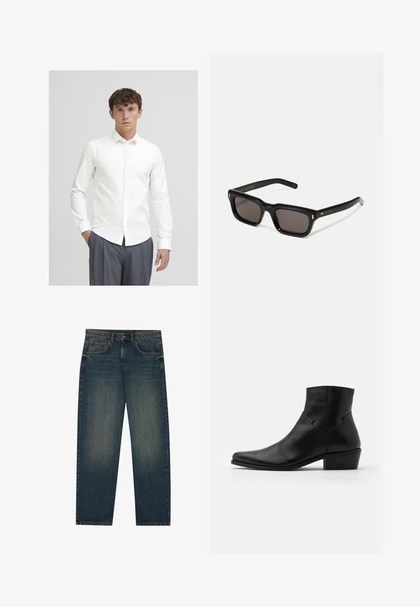 Witte overhemd met lange mouwen, gemaakt van gladde stof. Heeft een klassieke kraag en een slim fit, gecombineerd met grijze pinstriped broek.; Donkerblauwe spijkerbroek met een recht model, vijf zakken en een lichte vervaging op de benen. Geschikt voor casual draagstijl.; Zwarte leren enkellaars met een spitse neus, minimale stiksels, een middellange blokhak en een gladde, gepolijste afwerking.; Zwarte rechthoekige zonnebril met donkere lenzen, een dik plastic montuur, gouden accenten op de veren en het merkembleem gegraveerd op de arm.