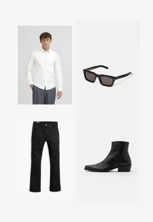 Witte overhemd met lange mouwen, gemaakt van gladde stof. Heeft een klassieke kraag en een slim fit, gecombineerd met grijze pinstriped broek.; Zwarte denim jeans met een recht gesneden ontwerp, vijf zakken, metalen knoopsluiting en subtiele stikseldetails. Gladde textuur en effen kleur.; Zwarte leren enkellaars met een spitse neus, minimale stiksels, een middellange blokhak en een gladde, gepolijste afwerking.; Zwarte rechthoekige zonnebril met donkere lenzen, een dik plastic montuur, gouden accenten op de veren en het merkembleem gegraveerd op de arm.