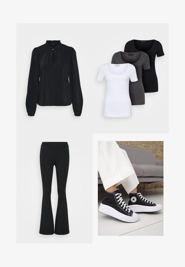 Blusa nera realizzata in tessuto morbido, con un colletto alto e arricciato, un'apertura a chiave sul davanti e maniche lunghe a sbuffo con polsini aderenti.; Tre T-shirt aderenti in bianco, grigio e nero. Ognuna presenta un ampio scollo a barca e maniche corte. Realizzate in un tessuto morbido e elastico.; Pantaloni neri a zampa d'elefante realizzati in tessuto elasticizzato, con una vita alta e una superficie liscia. I pantaloni si allargano a partire dal ginocchio.; Sneaker alte nere in tela con suole e lacci bianchi. Presentano un logo circolare sul lato e cuciture bianche a contrasto.