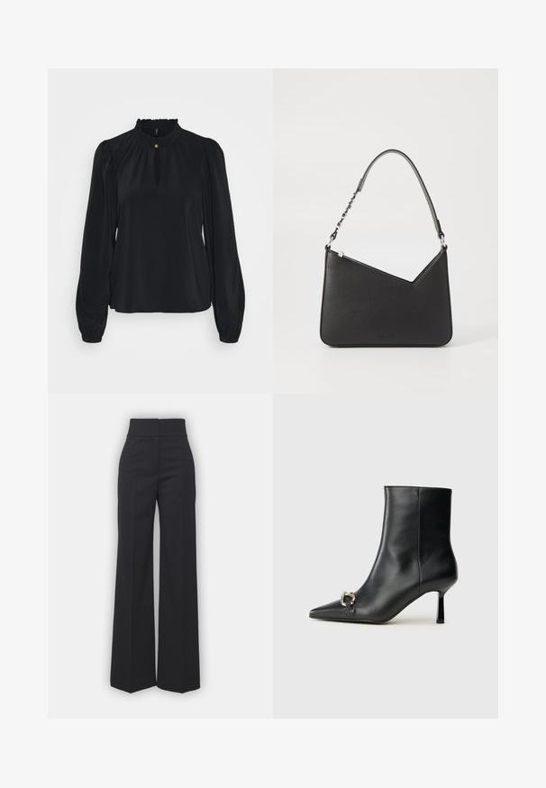Blusa nera realizzata in tessuto morbido, con un colletto alto e arricciato, un'apertura a chiave sul davanti e maniche lunghe a sbuffo con polsini aderenti.; Pantaloni a gamba larga in tessuto nero con vita alta, caratterizzati da una finitura pulita e una texture liscia. Nessun hardware visibile o motivi.; Stivale alla caviglia in pelle nera con punta affusolata, tacco sottile di media altezza e dettaglio in fibbia argentata sul lato, su sfondo semplice.; Borsa a mano in pelle nera con forma triangolare, una tracolla sottile e accessori in argento. Presenta una chiusura con zip e un logo impresso sul davanti.