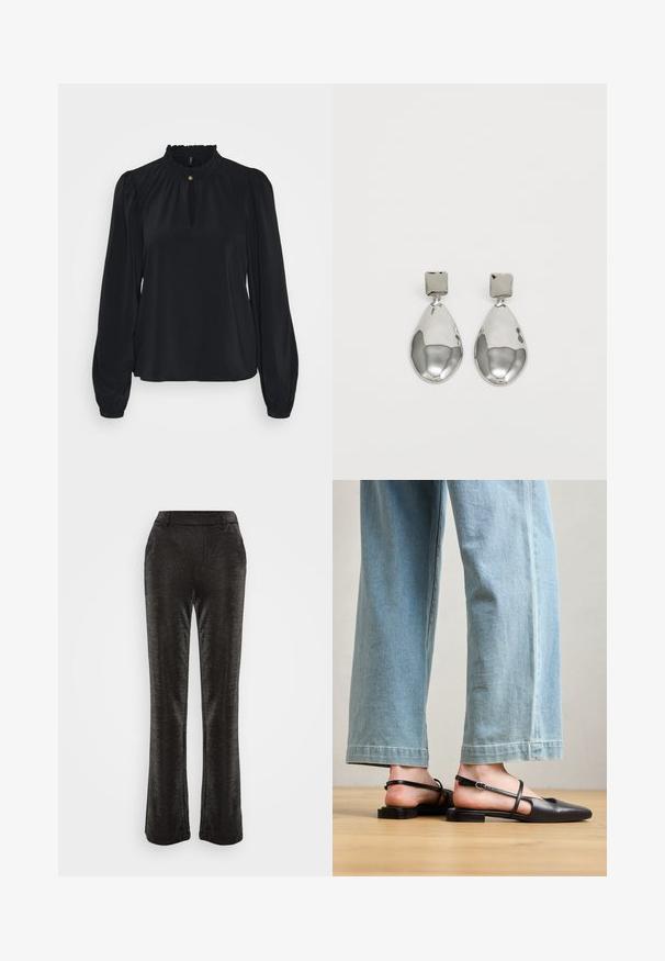 Black blouse made from soft fabric with a high ruffled neckline, a keyhole opening at the front, and long puffed sleeves with fitted cuffs.; Black flared pants made from a textured, glittery fabric. Features a fitted waistband and side pockets, with a smooth silhouette down to the hem.; Black leather slingback shoes with a pointed toe, flat heel, and ankle strap; worn with light blue wide-leg jeans.; Silver drop earrings with a square stud, featuring a smooth, polished finish and a teardrop shape, reflecting light with a glossy surface.
