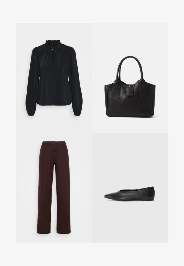 Black blouse made from soft fabric with a high ruffled neckline, a keyhole opening at the front, and long puffed sleeves with fitted cuffs.; Brown, high-waisted trousers with a straight-leg design, featuring two front pockets and a smooth texture. Metal button and zipper closure.; Black leather ballet flat, pointed toe, minimalistic design, smooth texture, low-profile heel, no visible hardware or embellishments.; Black leather tote bag with smooth texture, structured shape, two handles, and a prominent silver buckle detail on the front.