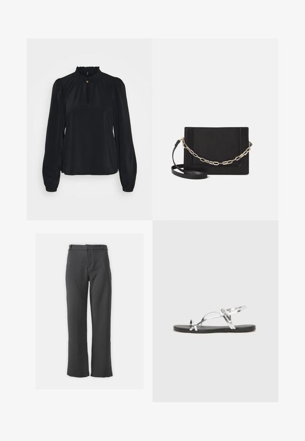 Musta paita, joka on valmistettu pehmeästä kankaasta, korkealla röyhelökauluksella, avauksella edessä sekä pitkillä puffihihansuilla, joissa on tiukat hihansuut.; Tummanharmaat housut suoranlahkeisella muotoilulla, joissa on sileä pinta, vyölenkit ja edessä avautuvat taskut.; Hopeiset metallinhohtoiset sandaalit minimalistisella muotoilulla, joissa on ohuet hihnat ja musta tasapohja. Korostuksia tarjoavat ristikkäin menevät hihnat.; Musta nahkainen olkalaukku, jossa on sileä pinta, suorakulmainen muoto ja metalliketju yksityiskohtana edessä. Mukana säädettävä hihna.