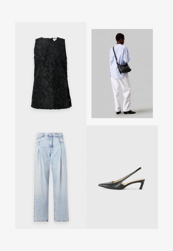 Schwarzes ärmelloses Oberteil mit strukturiertem Blumenmuster, das einen V-Ausschnitt und seitliche Schlitze aufweist. Hergestellt aus einem Stoff mit leichtem Glanz. Reißverschlussverschluss hinten.; Helle blaue Denim-Jeans mit hoher Taille, weitem Beinschnitt, zwei seitlichen Taschen und gefaltetem Design. Weiche Textur mit einem ausgebleichten Finish.; Schwarzer spitz zulaufender Slingback-Schuh mit niedrigem Absatz, der aus glattem Leder gefertigt ist und seitliche Ausschnitte für Atmungsaktivität aufweist.; Schwarze Leder-Umhängetasche mit weicher Textur, dreieckiger Form und verstellbarem Tragegurt, kombiniert mit einem hellblauen gestreiften Hemd und weißen Hosen.