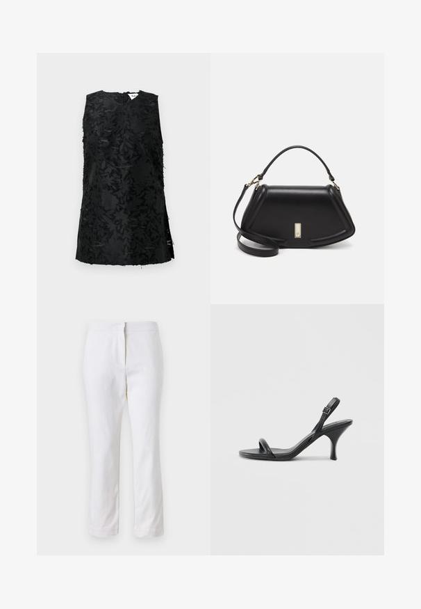 Black sleeveless top with textured floral pattern, featuring a V-neck and side slits. Made of fabric with a slight sheen. Zipper closure at back.; White cotton pants with a straight leg design, featuring a mid-rise waist and no visible hardware or patterns. Smooth texture throughout.; Black leather high-heeled sandals with a slim, curved heel and a crossed strap design. Adjustable ankle strap. Smooth texture.; Black leather handbag with a structured design, featuring a cropped shape, top handle, and gold hardware accent. Adjustable shoulder strap included.