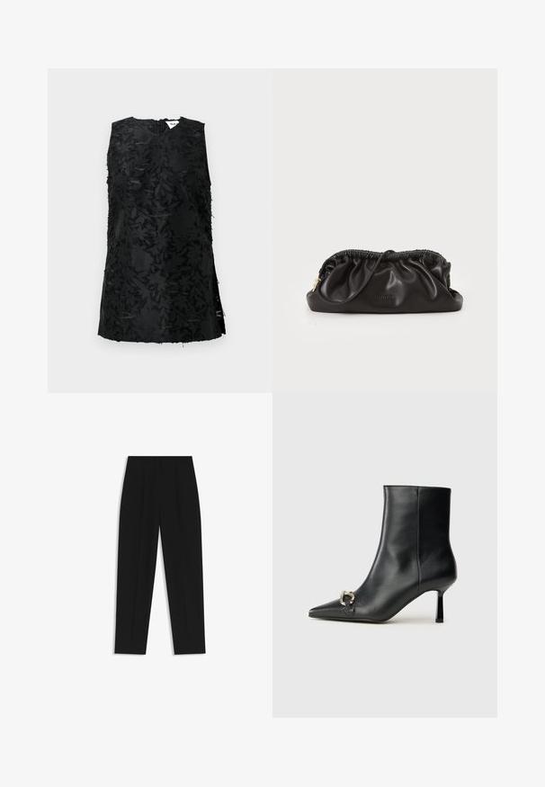Zwarte mouwloze top met een tekstuur van bloemenpatroon, met een V-hals en zijsplitten. Gemaakt van een stof met een lichte glans. Rits aan de achterkant.; Zwarte broeken met een rechte pasvorm, voorzien van dubbele plooien, een zachte textuur en een klassiek taillebandontwerp. Geen zichtbare hardware of accenten.; Zwarte leren enkelboot met spitse neus, slanke middenhoge hak en zilveren gespdetail aan de zijkant op een effen achtergrond.; Zwarte leren clutch met geplooide bovenkant, ritsluiting en gouden hardwareaccenten. Gladde textuur met reliëflogo-detail.