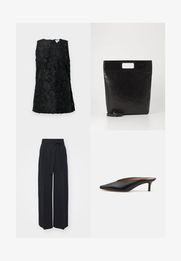 Top noir sans manches avec un motif floral texturé, doté d'un décolleté en V et de fentes sur les côtés. Fabriqué dans un tissu légèrement brillant. Fermeture à glissière au dos.; Pantalons noirs à jambes larges en tissu doux. Dotés d'une taille ceinturée et de plis avant. Texture lisse avec un design épuré et contemporain.; Mules en cuir noir avec un bout pointu et un petit talon carré. Texture lisse avec un design épuré. Dos ouvert avec un minimum de détails.; Sac fourre-tout en cuir noir avec une poignée carrée, arborant une finition texturée et un logo en relief. Comprend une bandoulière amovible.