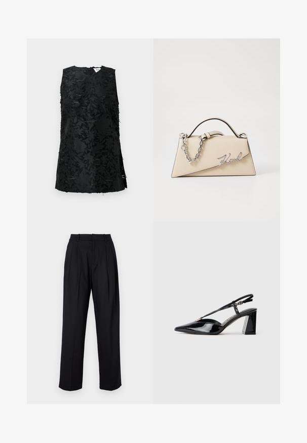 DAY Birger et Mikkelsen ASH REFINED STRUCTURE - Top - black; Sorte bukser med skræddersyet design, der har høj talje, læg og lige ben. Fremstillet af glat stof i ensfarvet.; Sorte laklæder slingback højhælede sko med spids tå, justerbar rem og chunky rektangulær hæl.; Beige læderhåndtaske med en struktureret, trekantet form, der har et sølvfarvet kædehåndtag og et kursivlogo i metal.