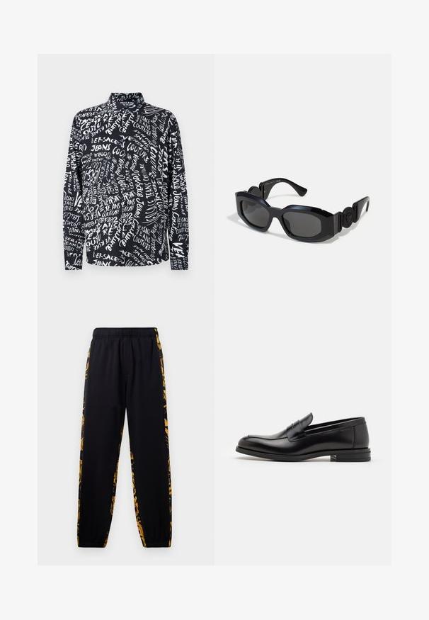 Črna majica z dolgimi rokavi z belim napisom "Versace Jeans Couture" v različnih pisavah in velikostih, z visokim ovratnikom in sproščenim krojem.; Črne trenirke z elastiko v pasu in ob robovih, ki imajo zlate in črne cvetlične vzorec na stranskih panelih.; Črne usnjene loafer čevlje z gladko teksturo, zaobljenim nosom in dekorativnim trakom čez zgornji del. Nizka zložena peta, minimalističen dizajn.; Črne sončna očala s širokim, oglatim okvirjem in temno zamaknjenimi lečami. Imajo teksturirane črne strani in okroglo oznako na ročaju.