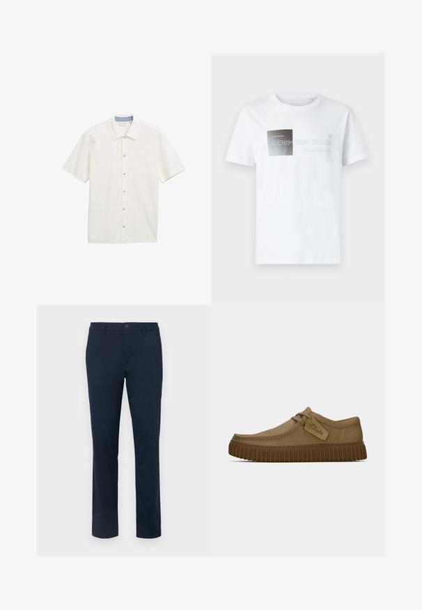 Lühikeste varrukatega valge kangast särk, millel on tekstuurne muster, terava krae ja viis beeži nööpi ees.; Valge puuvillane lühikeste varrukatega T-särk, millel on musta ja halli värvi graafiline disain koos tekstiga. Ümar kaelus, vabav formaadis, sile tekstuur.; Tumedad sinised chinos, mis on valmistatud siledast kangast. Sirge jala disain, millel on ühekordne nööbi kinnitamine ja vööloop. Ilma nähtavate mustrite või aksessuaarideta.; Kerged pruunist nahksoost kingad, millel on ümar varvas, õmblustega detailid ja soonikkoes pruun kummitald. Omab külje peal sildi, millel on "Clarks" logo.