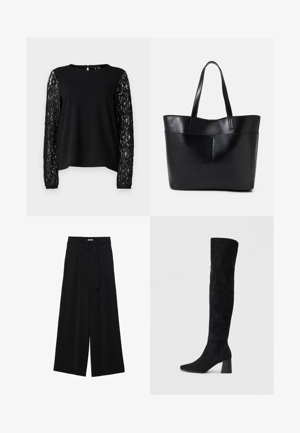 Čierny top s pevným korzetom a dlhými rukávmi z komplikovanej čiernej čipky, s okrúhlym výstrihom a otvorom na chrbte.; Čierne široké nohavice s textúrovanou tkaninou, elastickým pásom a odnímateľným viazaním na páse pre nastaviteľné priliehanie.; Čierna semišová kozačka po kolená s blokovým podpätkom, špicatou špičkou a hladkým, bezšvovým dizajnom na jednoduchom svetlom pozadí.; Čierna kožená tote taška s dvoma dlhými rúčkami, hladkým povrchom a štruktúrovaným tvarom. Obsahuje prednú kapsu pre dodatočné uskladnenie.