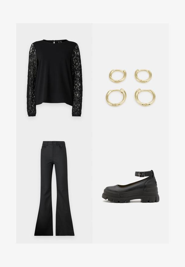 Crna majica s jedinstvenim bodicama i dugim rukavima od složene crne čipke, s okruglim izrezom i otvorom s ključaljkom na leđima.; Crne traperice s raširenim nogavicama i srednjim strukom, izrađene od glatkog materijala. Imaju pet džepova i vidljive detalje šivanja.; Buffalo ASPHA - Cipele na petu s platformom - black; Zlatne kružne naušnice, četiri komada, glatka završna obrada, zaobljenog dizajna, različitih veličina, s kavljem za lako stavljanje.