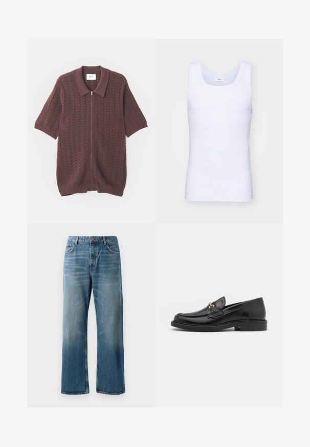 Camisa de malha bordeaux de mangas curtas com fecho, apresentando um padrão ondulado texturizado e um colarinho aberto, com punhos e barra canelados.; Top de algodão branco sem mangas com decote redondo, apresentando uma textura suave e um corte ajustado, projetado para uso casual.; Calças de ganga de perna larga em azul claro com um efeito desgastado, apresentando fecho de botão único, cinco bolsos e costuras em contraste.; Mocassins de couro preto com bico arredondado, apresentando detalhes em metal dourado e costura, montados sobre uma sola de borracha texturizada e baixa.