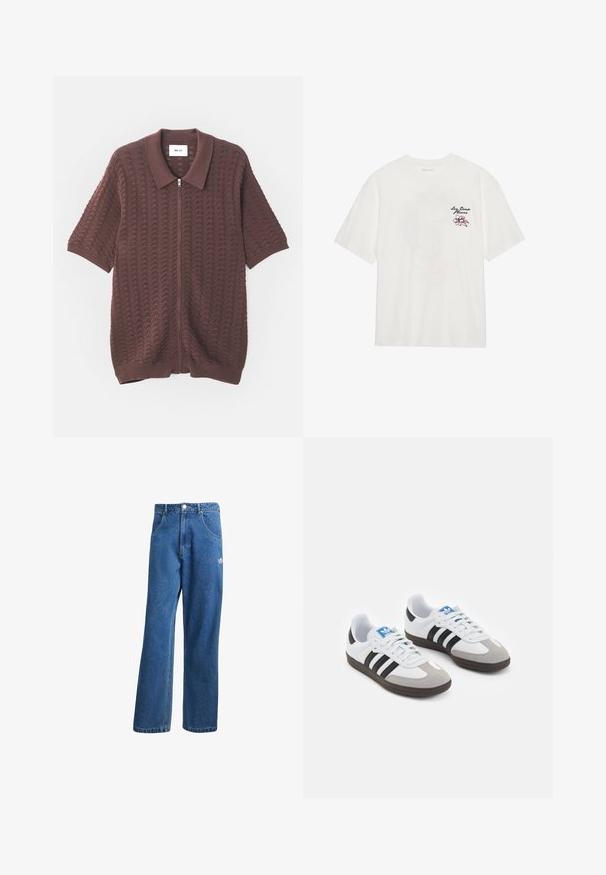 Majica s kratkimi rokavi v burgundski barvi, pletena in na zadrgo, z strukturiranim valovitim vzorcem in odprtim ovratnikom, z ravnimi manšetami in robom.; Bela bombažna majica s kratkimi rokavi in okroglim ovratnikom, z vezenim cvetličnim vzorcem v roza in črni barvi na levem prsnem delu.; Modre visoko pasu široke denim kavbojke z sprednjimi žepi, zankami za pas, gumbom za zapiranje in majhnim logotipom Adidas na desni stegno.; Športni čevlji z belim usnjenim zgornjim delom, sivim semišem na prstih in tremi črnimi črtami. Imajo modro logo na jeziku in teksturiran gumijast podplat.
