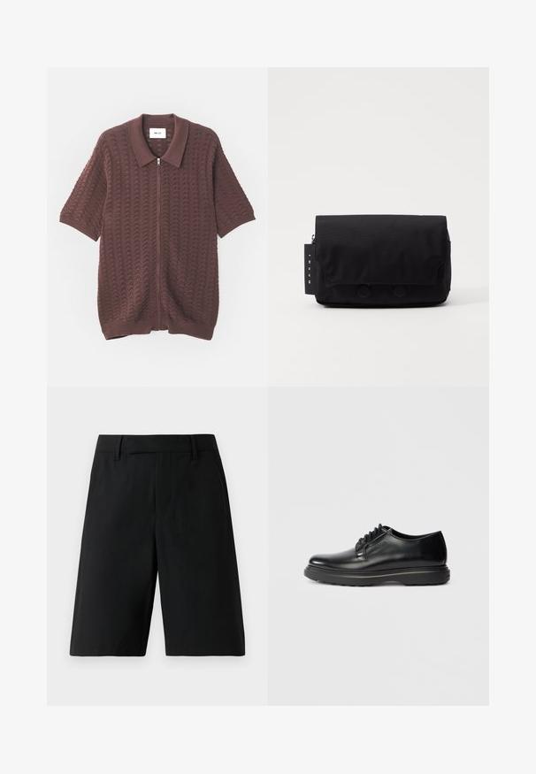 Lühikeste varrukatega burgundi värvi kootud tõmblukuga särk, millel on tekstuuriga laine muster ja avatud krae, ribadest mansetid ja hem.; Mustad põlvikuti lõpetavad lühikesed pükste valmistus, millel on vööpaanid, lamedad esiosad ja küljetaskud heledal ühetoonilisel taustal.; Mustmust lakkprintsaapad, millel on paks tald ja küljele on reljeefselt pressitud "WATERMAN", esitatud profiilis helesinise tausta ees.; Musternägune must messenger-kott. Omab klappkinnitust, millel on kaks ümmargust nuppu, tõmblukuga taskut ja sildi brändi nimega.