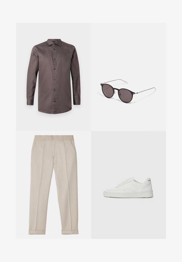 Brun langt-sleevet skjorte med knapper og et subtilt mønster. Har standard krage og sorte knapper, laget av glatt stoff.; Filippa K TERRY CROPPED TROUSERS - Bukse - sage melange; Hvite lærersneakers med en jevn overflate, rund tå, flate lisser og en teksturert såle. Har en subtil logo på hælen.; Sorte, runde solbriller med mørke linser og slanke metalarmer. Inkluderer klare temple tips og sølvfargede detaljer ved hengslet. Minimalistisk design.