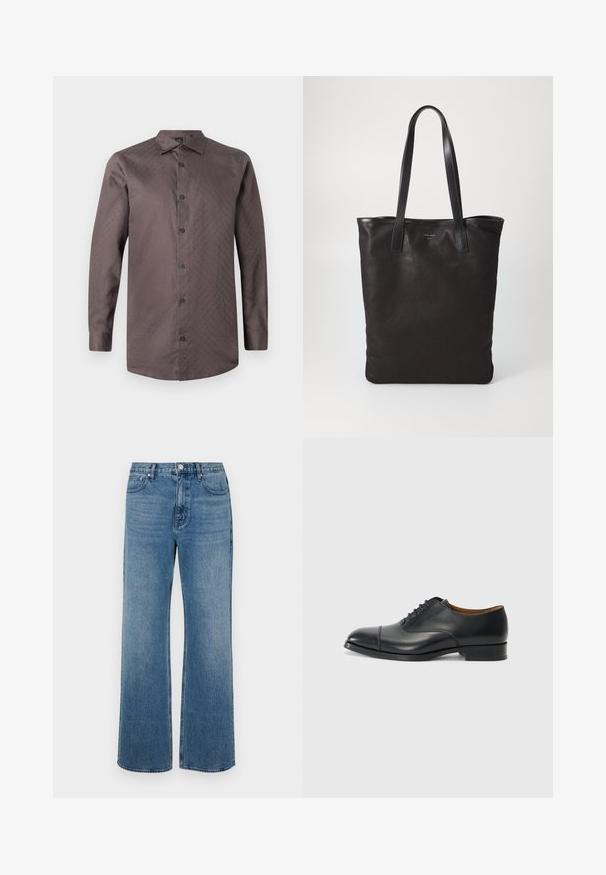 Camisa de botones de manga larga marrón con un patrón sutil. Presenta un collar estándar y botones negros, hecha de una tela suave.; Pantalones vaqueros de pierna ancha en denim con un acabado desgastado. Presenta cinco bolsillos, un cierre de botón en la parte delantera y un corte recto.; Zapato de vestir de piel negra con un acabado suave, punta redondeada, cinco ojales para los cordones y tacón bajo en bloque. Diseño minimalista con costuras sutiles.; Bolsa tote de lona negra con asas de cuero negro. Diseño sencillo, cuerpo espacioso y textura suave. Sin logos ni patrones visibles.