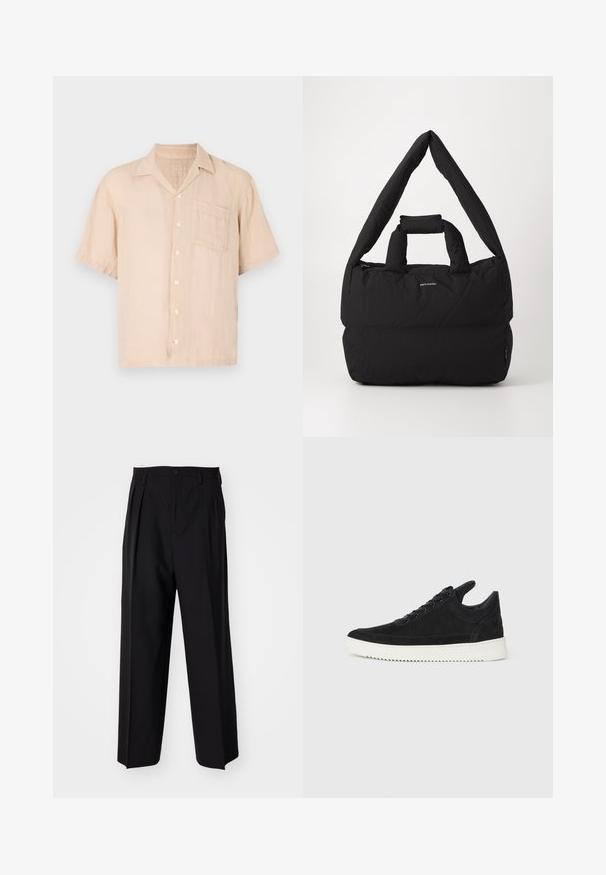 Kortermet, lys beige lin skjorte med spiss krage, knappestolpe og brystlomme. Jevn tekstur og avslappet passform.; Sorte plissert bukser med en rett, bred benform. Laget av glatt stoff, med knappelukking og beltehemper.; Sorte semskede sneakers med hvit gummisåle, med tonale sømmer og snøring. Glatt tekstur med en moderne, strømlinjeformet form.; Svart polstret veske med en bred, myk skulderreim og topphåndtak. Har glidelås lukking og en subtil logo foran.