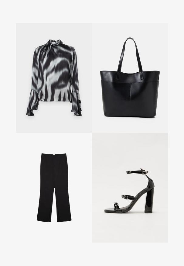 Svart och grå blus i ett mjukt, silkesliknande material. Har en hög krage och utsvängda ärmar med ett vågigt tie-dye-mönster genom hela.; Svarta byxor med rak passform, utrustade med framfickor och sidoklyvningar vid fållen. Tillverkade av mjukt, slätt tyg. Lämpliga för olika tillfällen.; Svarta lackerade klacksandaler med fyrkantig tå, ankelremmar och silverfärgade spännen. Har en kraftig blockklack för stabilitet.; Svart läder tote-väska med två långa handtag, en slät yta och en strukturerad form. Har en framficka för extra förvaring.