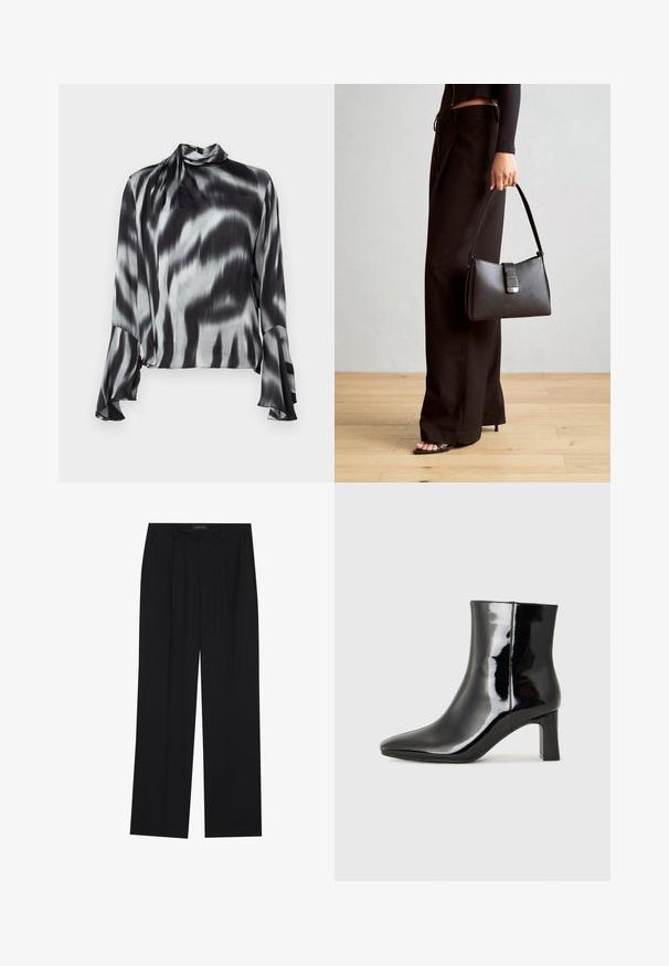 Čierna a šedá blúzka vyrobená z hladkej, hodvábnej látky. Má vysoký golier a rozšírené rukávy s vlnitým tie-dye vzorom po celom povrchu.; Čierne nohavice so strihom rovného nohu, s dvoma prednými vreckami a pásom. Vyrobené z hladkej, ľahkej textílie.; Čierne lakované členkové topánky s špicatou špičkou a stredne vysokým blokovým podpätkom. Hladká textúra a minimalistický dizajn.; Čierna kabelka so štruktúrovaným tvarom, hladkou textúrou a kovovou sponou. V kombinácii so širokými čiernymi nohavicami a sandálmi s otvorenou špičkou na drevenej podlahe.
