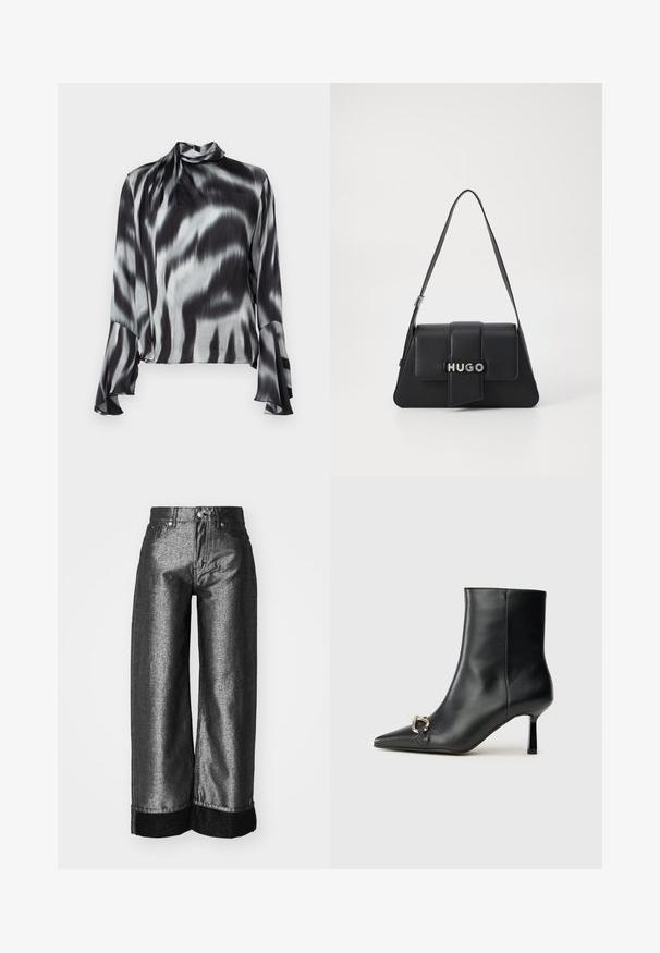 Juoda ir pilka bliuskelė iš lygaus, šilko tipo audinio. Su aukštu kaklu ir išsiplėtimais rankovėmis, dekoruota banginiu tinkleliu.; Platus džinsai iš metalizuoto tamsiai pilko denim, turintys lygų paviršių. Yra juodas džinsinis atvartas, standartinis mygtukų užsegimas ir diržo kilpos.; Juodas odinis apavas iki kulkšnies su smailiu nosiu, plonu vidutinio aukščio kulnu ir sidabriniu sagties akcentu šone, prieš paprastą foną.; Juodas odinis rankinukas trikampio formos, su priekinėmis vartelėmis, sidabriniais aksesuarais ir išpjaustytu logotipu "HUGO". Viena petneša.