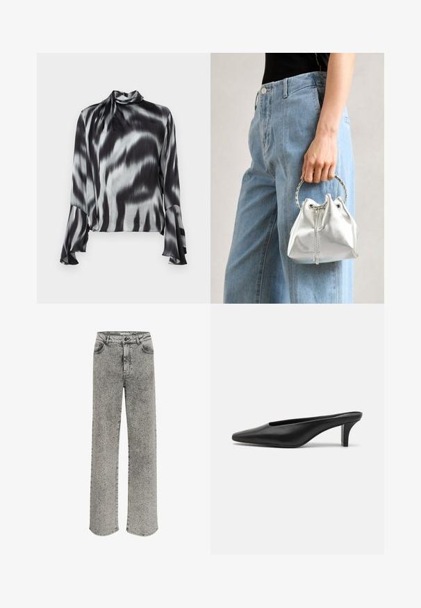 Bluză neagră și gri dintr-un material neted, mătăsos. Are un gât înalt și mâneci evazate cu un model de tie-dye ondulat pe întreaga suprafață.; Jeans din denim gri cu un design drept, împodobite cu nituțe argintii pe toată suprafața. Prezintă un stil clasic cu cinci buzunare și închidere cu buton.; Mule-uri negre din piele cu vârful ascuțit și toc stiletto mic. Textură netedă, design minimalist și spate deschis pentru un confort sporit.; Geantă tip bucket metalică argintie, cu un finisaj texturat, decorată cu o mânere rotundă argintie și închidere cu șnur, ținută lângă blugi albaștri deschiși.