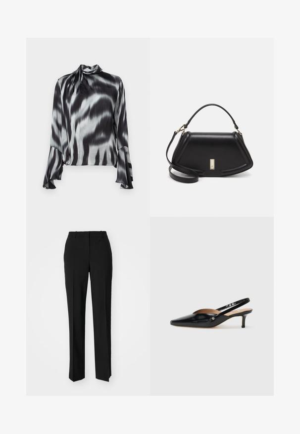 Black and gray blouse in a smooth, silky fabric. Features a high neck and flared sleeves with a wavy tie-dye pattern throughout.; Black tailored trousers with a straight-leg design, featuring a smooth texture and crisp creases along the front. No visible hardware.; Black patent leather slingback pump with a pointed toe, small heel, and a cutout design on the vamp. Gold-tone hardware accent on the side.; Black leather handbag with a structured design, featuring a cropped shape, top handle, and gold hardware accent. Adjustable shoulder strap included.