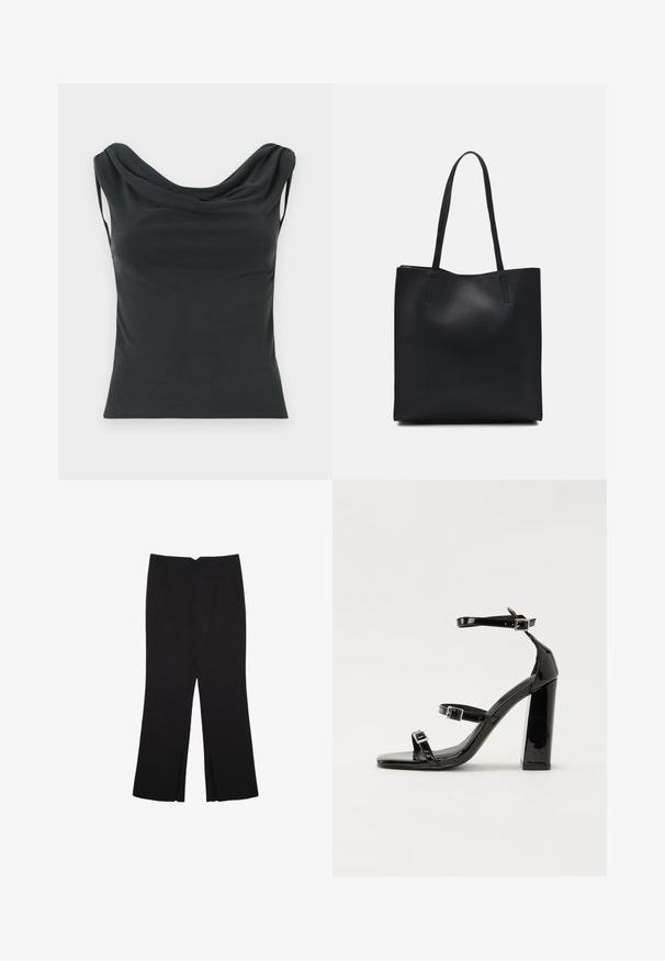 Črna brezrokavnik s pooležanim izrezom in prilegnjeno silhueto. Narejena iz gladkega materiala z mehko teksturo.; Črne hlače ravnega kroja z naglavnimi žepi in stranskimi razporki na robu. Narejene iz mehke, gladke tkanine. Primerne za različne priložnosti.; Črne lakirane sandale s peto, kvadratnim prstom, trakovi okrog gležnja in srebrnimi zaponkami. Opremljene so s stabilno Debelo peto.; Črna usnjena torba s svilnato teksturo, pravokotne oblike in dvema dolgima ročajema. Brez vidnih metalnih delov ali okrasnih elementov.