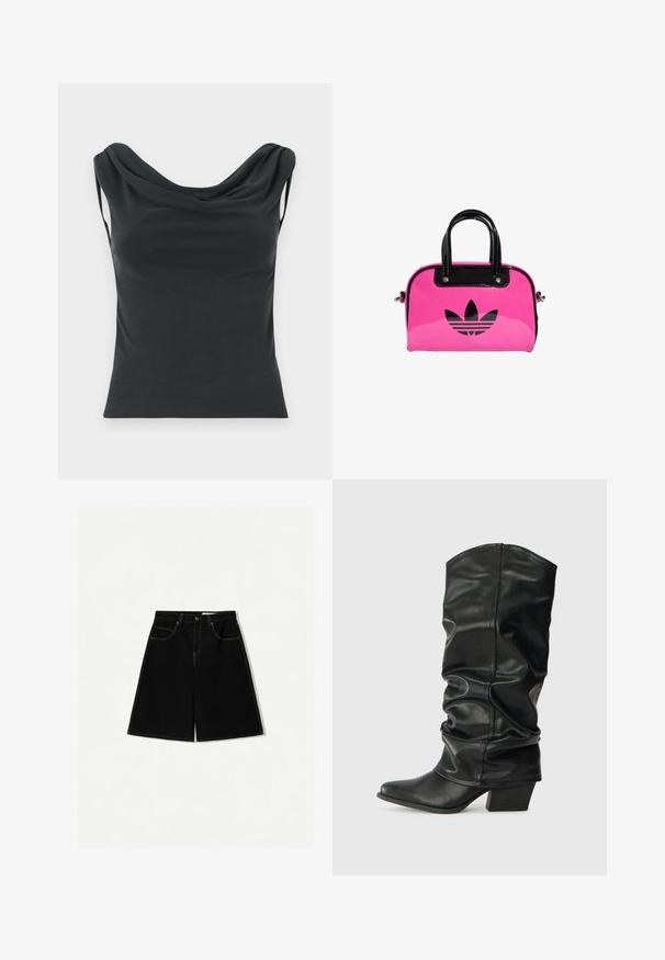 Svart ärmlös topp med draperad halsringning och figurnära silhuett. Tillverkad av ett glatt tyg med mjuk textur.; Svarta denimshorts med lös passform, utrustade med fem fickor, gula sömmar och en medelhög midje-design.; Svarta läderknähöga stövlar med en slapp design, spetsig tå och kraftig klack, med en mjuk yta och minimal sömnad.; Rosa lackhandväska med svart logotyp och handtag, med rundad form och dragkedjestängning. Den glänsande texturen ökar synligheten.