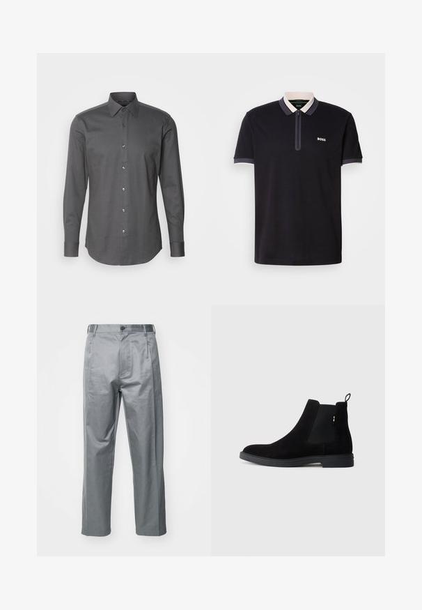 Férfi hosszú ujjú ing sötétszürke színben, texturált anyagból készült, gombos elülső része és klasszikus gallérja van. Sima felület, modern szabás.; Fekete pólóing, amely pamutból készült, cipzáras nyakkal. Kontrasztos fehér és szürke nyakkivágás kerettel rendelkezik. A "BOSS" logó a bal oldalon található.; Szürke pamut keverék nadrág, egyenes szabással, elülső gombos záródással, övrésekkel és oldalsó zsebekkel.; Fekete velúr Chelsea csizma, elasztikus oldalpanellel, lekerekített orral és alacsony gumitalppal. Hátulján húzófül található az egyszerű felvétel érdekében.