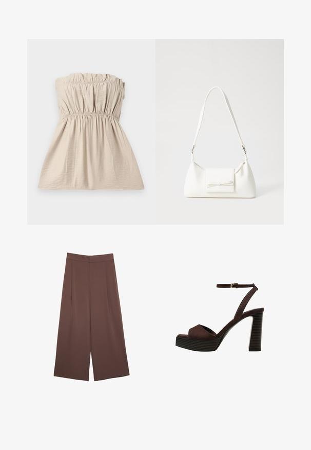 Beżowy top bez ramiączek z marszczonym wykończeniem, elastycznym paskiem na górze i w talii oraz zwiewną sylwetką. Lekki materiał z delikatnym połyskiem.; Brązowe spodnie o szerokich nogawkach z gładką fakturą, z wysokim stanem i plisami z przodu. Materiał jest lekki i luźno opada.; Brązowe zamszowe sandały na wysokim obcasie z odkrytymi palcami, regulowanym paskiem na kostce i paskowatą podeszwą.; Biała syntetyczna torba o trójkątnym kształcie, płaskim przednim klapce i detalach w postaci kokardy, regulowanym pasku, gładkiej fakturze oraz minimalistycznym designie.